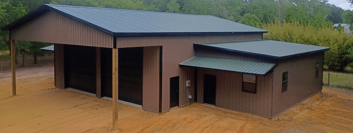 Enclosed pole barn kit with metal siding and doors in Florida